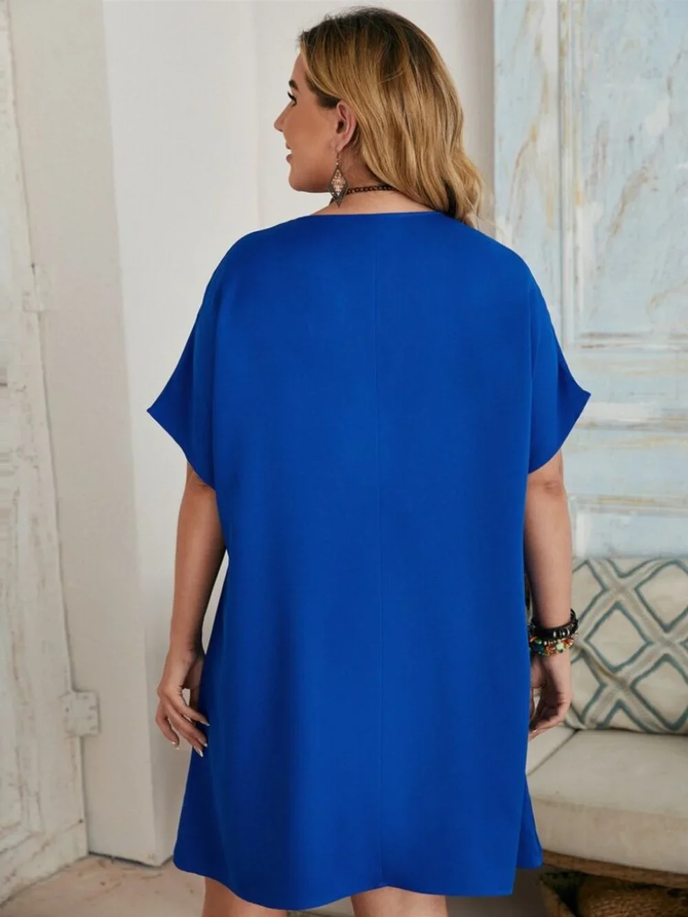 Plus size women's new solid color scoop neck bat sleeve dress
